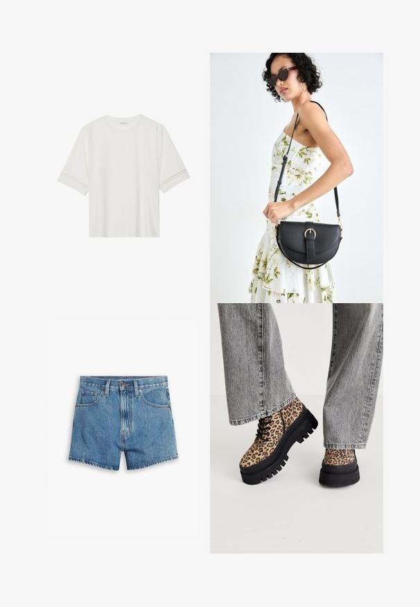 Witte korte mouwen t-shirt van katoen, met een decoratieve kantafwerking langs de mouwen en een ronde halslijn.; Lichtblauwe denimshorts met vijf zakken, een ritssluiting en een knoopsluiting. De zoom is rafelig en heeft een ontspannen pasvorm.; Steve Madden COAST - Veterboots - brown/multi-coloured; Zwarte leren handtas met een gebogen vorm, afneembare schouderband en gouden hardware. De tas heeft een klep met een gespsluiting.