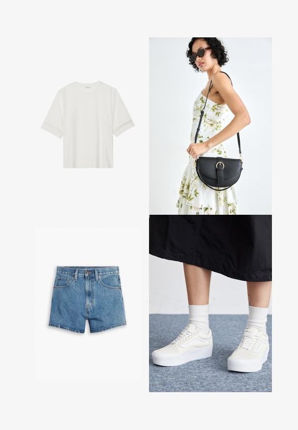 T-shirt bianco a maniche corte in cotone, con bordi in pizzo decorativi lungo le maniche e scollo rotondo.; Shorts in denim blu chiaro, con cinque tasche, chiusura a zip e bottone. L'orlo è sfilacciato e presenta un design a vestibilità rilassata.; Vans OLD SKOOL STACKFORM - Sneakers basse - marshmallow; Borsa a tracolla nera in pelle con una forma curva, manico rimovibile e accessori dorati. La borsa presenta una patta con un dettaglio a fibbia.