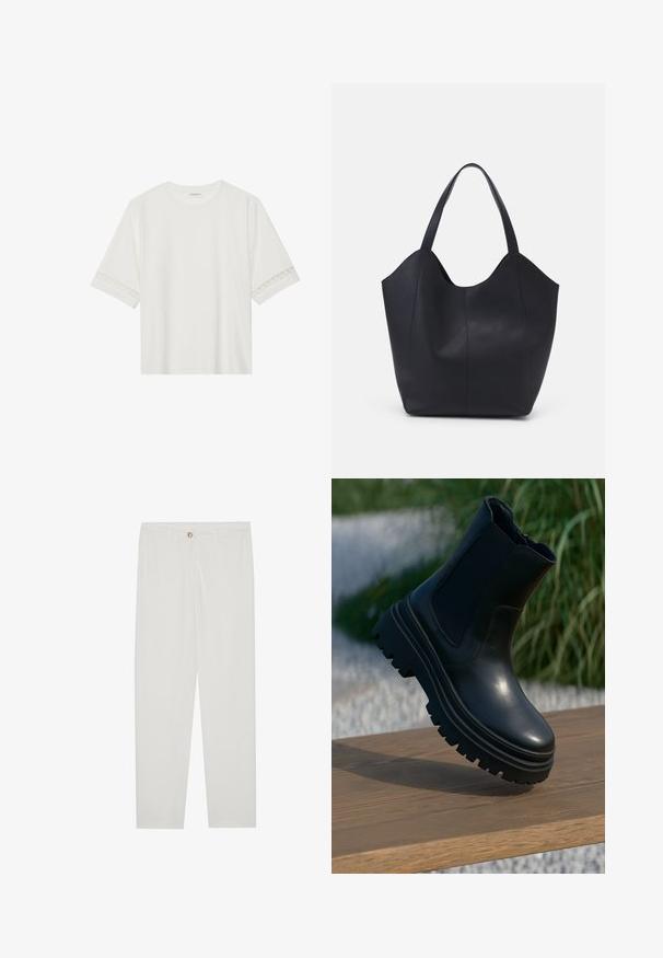 Vit kortärmad t-shirt i bomull, med dekorativa spetsdetaljer längs ärmarna och rund halsringning.; Vita, skräddarsydda byxor med rak benform, med knappstängning, bältesslingor och sidofickor; mjuk tygtextur.; Svart läderankelboots med en kraftig sula, elastiska sidopaneler och en slät yta. Högt designad med kontrasterande mönster på sulan.; Svart tote-väska i slät läder, med en böjd, öppen topp, två axelremmar och en minimalistisk design.