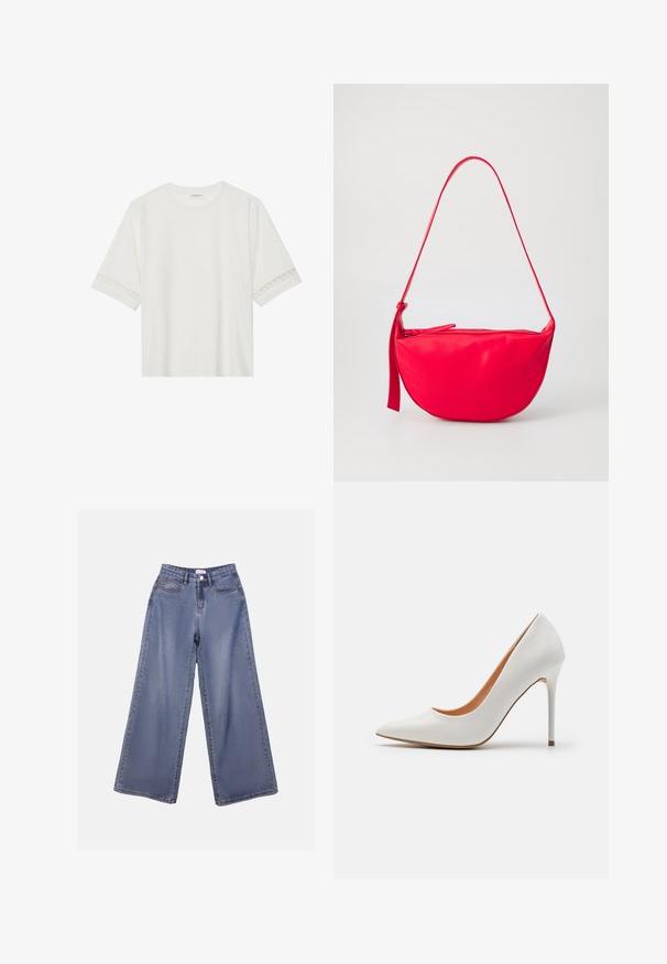 Witte korte mouwen t-shirt van katoen, met een decoratieve kantafwerking langs de mouwen en een ronde halslijn.; Lichte blauwe wijdlopende denim jeans met een hoge taille, voorzakken en een knoopsluiting met riemlussen.; Witte gepolijste leren hoge hakpump met een spitse neus en slanke stilettohak, met een gladde textuur en een beige interieur.; Rode leren schoudertas met een gebogen vorm, een ritssluiting en een dunne verstelbare schouderriem. Gladde textuur met stiksel details.