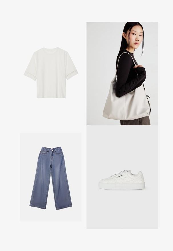 Weißes T-Shirt mit kurzen Ärmeln aus Baumwolle, mit dekorativem Spitzenbesatz entlang der Ärmel und einem runden Ausschnitt.; Weite Denim-Jeans in einer hellblauen Wäsche, mit hoher Taille, Fronttaschen und einem Knopfverschluss mit Gürtelschlaufen.; Weiße Low-Top-Sneaker mit Schnürdesign, durchbrochenen Details und "CPNHGN"-Druck an der Seite, auf einem schlichten weißen Hintergrund.; Beige Handtasche aus weichem Material, mit einem lässigen Design, gesteppten Details und zwei Schulterriemen. Geeignet für den täglichen Gebrauch.