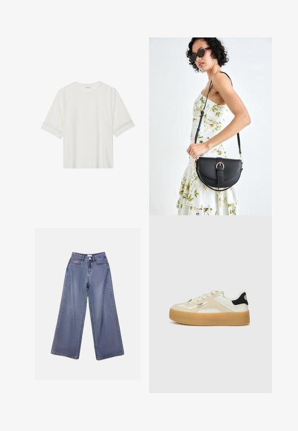 T-shirt branco de manga curta feito de algodão, com bainha de renda decorativa nas mangas e decote redondo.; Calças de ganga de perna larga numa lavagem azul clara, com uma cintura alta, bolsos frontais e fecho de botão com passadores para cinto.; Sapatilha branca e bege com painéis texturizados, bico redondo, fecho de atacadores na parte frontal e sola de borracha. Acento preto no calcanhar. Apresenta design de logotipo.; Bolsa de couro preta com forma curva, alça destacável e detalhes em dourado. A bolsa possui uma aba com detalhe de fivela.