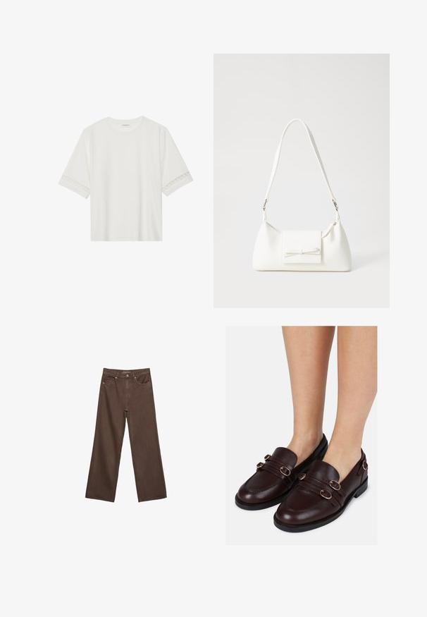 Biała, krótka koszulka z bawełny z dekoracyjnym koronkowym wykończeniem przy rękawach i okrągłym dekoltem.; Szerokie brązowe dżinsy wykonane z denimu, z wysokim stanem, przednimi kieszeniami i klasycznym zapięciem na guzik. Gładka faktura z subtelnym przeszyciem.; Brązowe skórzane mokasyny z zaokrąglonym noskiem, podwójnymi paskami na cholewce oraz dekoracyjnymi złotymi akcentami po bokach.; Biała syntetyczna torba o trójkątnym kształcie, płaskim przednim klapce i detalach w postaci kokardy, regulowanym pasku, gładkiej fakturze oraz minimalistycznym designie.