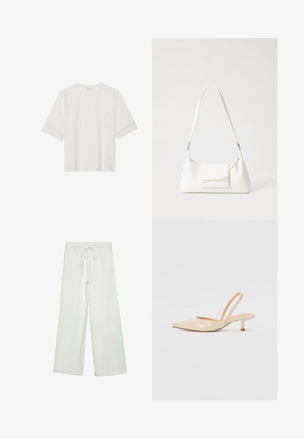 Weißes T-Shirt mit kurzen Ärmeln aus Baumwolle, mit dekorativem Spitzenbesatz entlang der Ärmel und einem runden Ausschnitt.; Weiße, weit geschnittene Hose aus weichem Stoff. Mit einem elastischen Bund und einem Kordelzug sowie einer glatten Oberfläche. Keine sichtbaren Muster oder Hardware.; Beige Lackleder Slingback-Pumps mit spitzem Vorderteil und einem schlanken, quadratischen Absatz. Glatte Textur und minimalistisches Design ohne Verzierungen.; Weiße synthetische Handtasche in dreieckiger Form, flache Vorderklappe und Schleifendetail, verstellbarer Trageriemen, glatte Textur und minimalistisches Design.