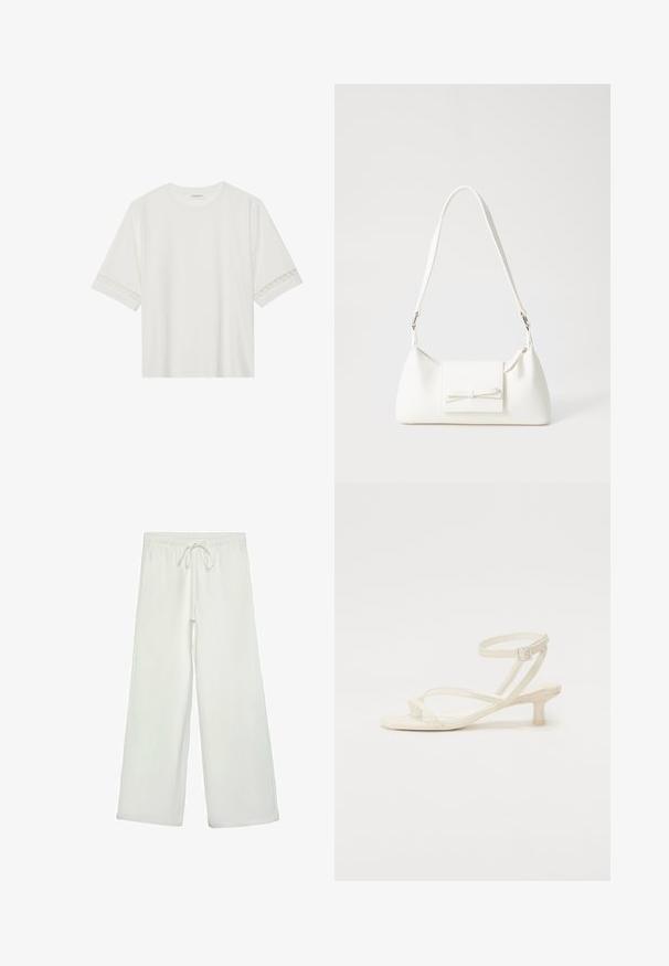 Biele tričko s krátkym rukávom vyrobené z bavlny, s dekoratívnym čipkovým lemovaním pozdĺž rukávov a okrúhlym výstrihom.; Biele nohavice s širokými nohavicami vyrobené z mäkkej tkaniny. Majú elastický pás s šnúrkou a hladký povrch. Žiadne viditeľné vzory ani kovania.; Svetlo slonovinová sandál s tenkými remienkami a nízkym, blokovým podpätkom. Vyrobený z hladkého materiálu, s tenkými remienkami a prackou okolo členku.; Biela syntetická kabelka s trojuholníkovým tvarom, plochým predným klapkou a detailom mašle, nastaviteľným popruhom, hladkou textúrou a minimalistickým dizajnom.