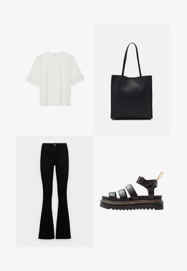 Valkoinen lyhythihainen t-paita, joka on valmistettu puuvillasta ja jossa on koristeellinen pitsireunus hihojen ympärillä sekä pyöreä pääntie.; Mustat korkeavyötäröiset farkut nappi- ja vetskariyläosalla, etutaskuilla ja levenevillä lahkeilla, asetettuna tasaisesti valkoista taustaa vasten.; Mustasaumakahvisandaalit, joissa on kolme leveää hihnaa, säädettävä solki, paksu uritettu pohja ja keltainen ommelreunus.; Mustapahkainen kangaskassi, jossa on sileä pinta, suorakaiteen muotoinen ja kaksi pitkää kahvaa. Ei näkyvää metalliosaa tai koristeita.