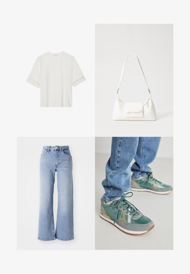 Bjela majica kratkih rukava od pamuka, s dekorativnom čipkastom obrubom duž rukava i okruglim izrezom.; Svijetloplave traperice visokog struka širokih nogavica s prednjim i stražnjim džepovima, kopčanjem na gumbi i suptilnim izblijedjenjem na bedrima i rubovima.; Zelene tenisice s kombinacijom kože i antilopa, s reljefnom površinom, vezicama i bijelim međupotplatom. Nosene s plavim trapericama.; Bijela sintetička torbica s trokutastim oblikom, ravnim prednjim poklopcem i detaljem u obliku mašne, podesivom remenom, glatkom teksturom i minimalističkim dizajnom.