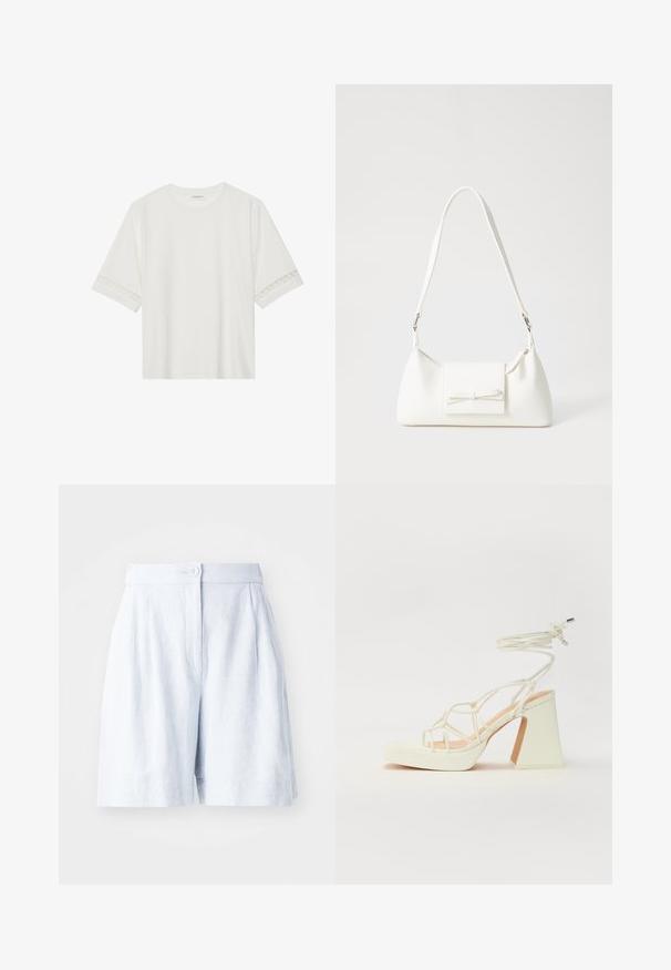 Weißes T-Shirt mit kurzen Ärmeln aus Baumwolle, mit dekorativem Spitzenbesatz entlang der Ärmel und einem runden Ausschnitt.; Himmelblaue Leinenshorts mit taillierter Passform, gefalteter Vorderseite, Knopfverschluss und seitlichen Taschen. Glatte Textur und Länge bis zur Mitte des Oberschenkels.; Weiße High-Heel-Sandale mit einem klobigen Absatz, die über ein Riemchendesign und ein Knöchelband verfügt. Glatte Textur mit einer Plattform vorne für zusätzliche Höhe.; Weiße synthetische Handtasche in dreieckiger Form, flache Vorderklappe und Schleifendetail, verstellbarer Trageriemen, glatte Textur und minimalistisches Design.