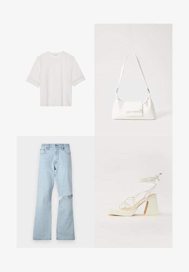 White short-sleeve t-shirt made from cotton, featuring decorative lace trim along the sleeves and a round neckline.; Light blue denim jeans with a flared design, featuring a distressed patch on the knee and standard front pockets.; White high-heeled sandal with a chunky heel, featuring a strappy design and ankle tie. Smooth texture with a platform front for added height.; White synthetic handbag with a triangular shape, flat front flap and bow detail, adjustable strap, smooth texture, and minimalistic design.