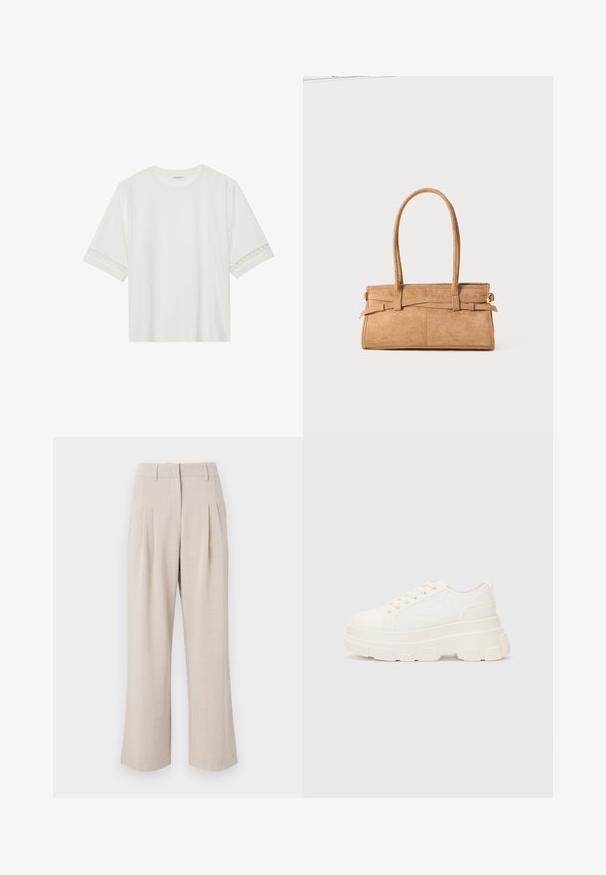 Tricou alb cu mânecă scurtă, confecționat din bumbac, cu dantelă decorativă pe marginea mânecilor și un guler rotund.; Pantaloni largi bej cu talie înaltă, cu pline frontale, o textură netedă și un design croit. Fără buzunare vizibile sau embellismente.; Tenisi albi din pânză cu o talpă groasă, vârf rotund și cinci gauri pentru șireturi. Tab pentru ușurința la încălțare. Textură netedă, design minimalist.; Geantă din suede de culoare bej, cu două mânere lungi, formă rectangulară și cusături decorative. Dispune de o curea laterală și detalii subtile din aur.