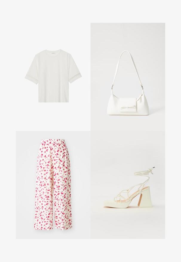White short-sleeve t-shirt made from cotton, featuring decorative lace trim along the sleeves and a round neckline.; Pleated wide-leg trousers in white fabric, featuring a floral pattern with pink and red flowers. Elastic waistband for comfort.; White high-heeled sandal with a chunky heel, featuring a strappy design and ankle tie. Smooth texture with a platform front for added height.; White synthetic handbag with a triangular shape, flat front flap and bow detail, adjustable strap, smooth texture, and minimalistic design.