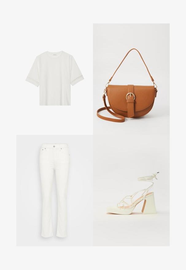 Balta trumpomis rankovėmis marškinėliai, pagaminti iš medvilnės, su dekoratyviais nėriniais aplink rankoves ir apvaliu kaklu.; Balti džinsai su platėjančiomis kelnėmis, turintys vidutinio aukščio juosmenį, priekiniu mygtuko uždarymu ir minimaliais siuvinėjimo akcentais, suteikiantys lygų paviršių.; Balti aukštakulniai sandalai su masyviu kulnu, su dirželių dizainu ir kulkšnies raiščiu. Lygi tekstūra su platforma priekyje, suteikianti papildomą aukštį.; Ruda odinė kryžminė rankinė, turinti kreivą formą, auksinius metalinius elementus ir sagtį. Yra nuimama petneša.
