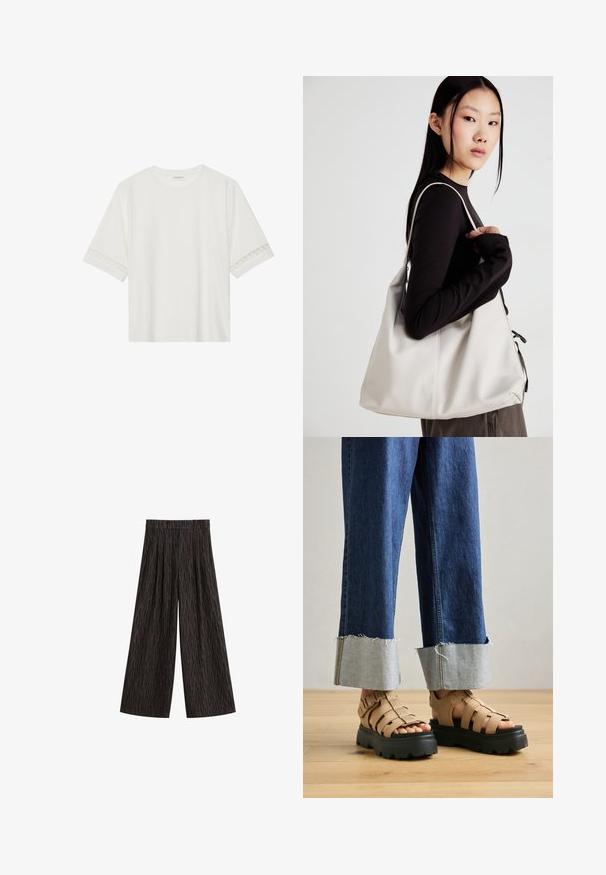 Hvid kortærmet t-shirt lavet af bomuld, med dekorativ blondekant langs ærmerne og en rund halsudskæring.; Bredde ben mørkebrun bukser med et subtilt sort abstrakt mønster, høj talje og bæltestropper, vist fladt på en hvid baggrund.; Beige platform sandaler med tykke sorte såler, der har flere stropper for støtte. Kombination med lys blå opkrøllede denimjeans.; Beige håndtaske lavet af blødt materiale med et slouchy design, stikninger og to skulderremme. Velegnet til daglig brug.