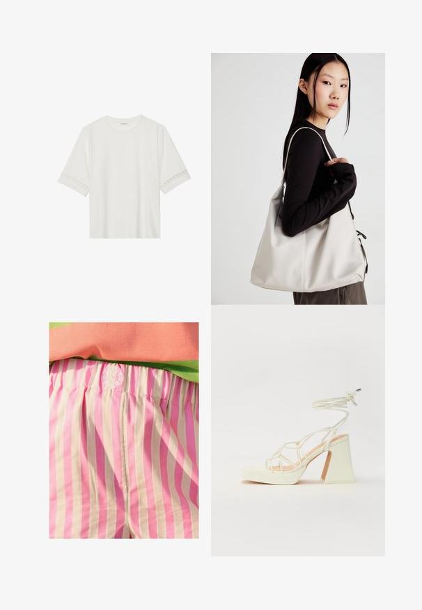 Bela kratka majica s kratkimi rokavi iz bombaža, okrašena z dekorativnim čipkastim robom ob rokavih in okroglo izrezom.; Šortai v rožnato-smetanasti črtasti tkanini z elastičnim pasom. Imajo vezeno logotipno podrobnost na pasu. Gladka tekstura.; Bela sandala na visokih petah s debelim petam, ki ima obliko trakcev in vezanje okoli gležnja. Gladka tekstura z platformo spredaj za dodatno višino.; Bežna torbica iz mehkega materiala, z ohlapno zasnovo, šivi in dvema naramnicama. Primerna za vsakodnevno uporabo.