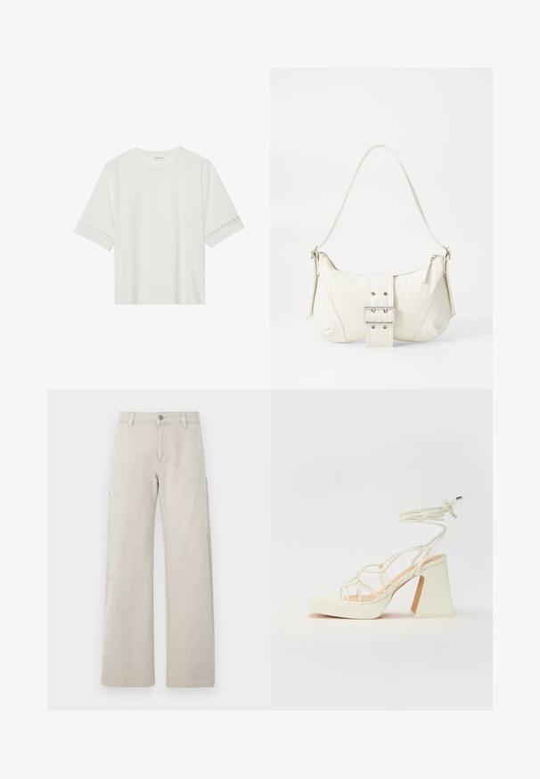 Balta īsām piedurknēm T-kreklu, izgatavotu no kokvilnas, ar dekoratīvu mežģīņu apdari ap piedurknēm un apaļu kakla izgriezumu.; Beige kravas bikses ar taisnu, platuma kāju dizainu, ar sānu kabatām un pogu aizdari, izgatavotas no izturīgas kokvilnas materiāla.; Baltas augstpapēžu sandales ar masīvu papēdi, ar siksnu dizainu un potītes saistītiem elementiem. Gluda tekstūra ar platformu priekšpusē, lai nodrošinātu papildu augstumu.; Balts plecu soma ar teksturētu apdari, centrālu sprādzi un izliekta forma. Ražota ar rāvējslēdzēja aizdares abās pusēs.