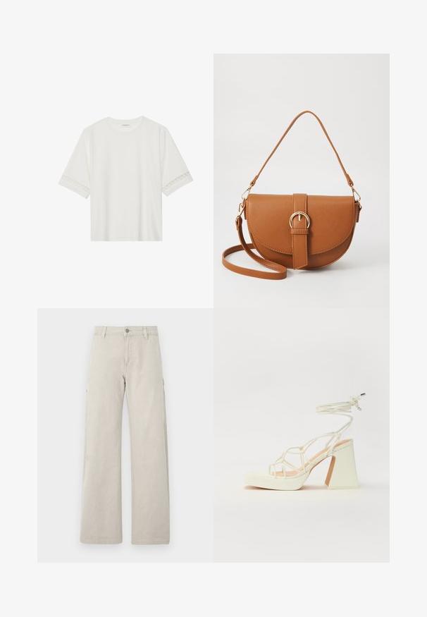Camiseta blanca de manga corta hecha de algodón, con un ribete decorativo de encaje en las mangas y un escote redondo.; Pantalones cargo beige con un diseño recto y de pierna ancha, que presentan bolsillos laterales y un cierre de botón, elaborados de un material de algodón resistente.; Sandalia de tacón alto blanca con un tacón grueso, que presenta un diseño de tiras y un lazo en el tobillo. Textura suave con una plataforma en la parte delantera para mayor altura.; Bolso bandolera de cuero marrón con forma curvada, herrajes dorados y un acento de hebilla. Incluye una correa de hombro desmontable.