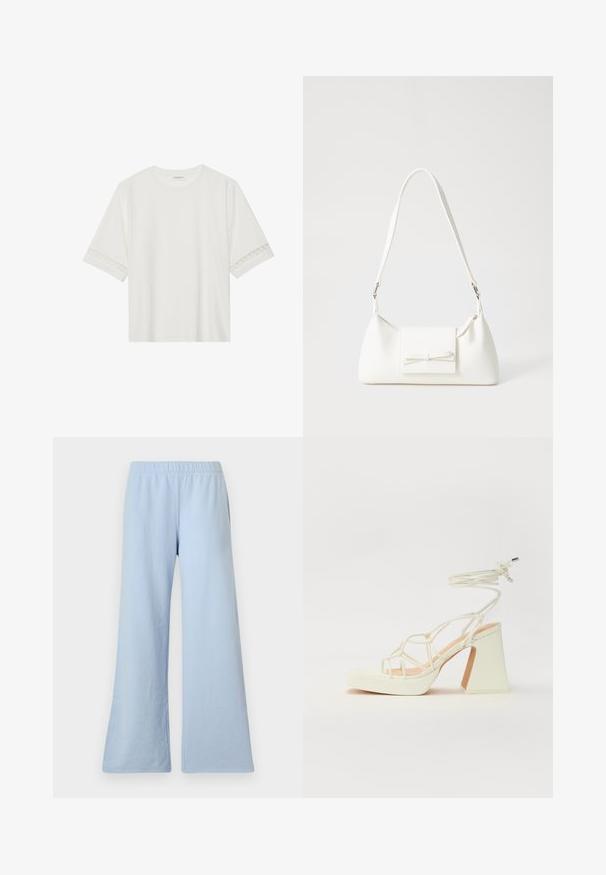 Balta īsām piedurknēm T-kreklu, izgatavotu no kokvilnas, ar dekoratīvu mežģīņu apdari ap piedurknēm un apaļu kakla izgriezumu.; Gaiši zili flared sporta bikses, izgatavotas no mīkstas auduma, ar elastīgu jostu un gludu tekstūru bez redzamām rakstām vai akcentiem.; Baltas augstpapēžu sandales ar masīvu papēdi, ar siksnu dizainu un potītes saistītiem elementiem. Gluda tekstūra ar platformu priekšpusē, lai nodrošinātu papildu augstumu.; Balta sintētiska soma ar trīsstūrveida formu, plakanu priekšējo vāciņu un loku detaļu, regulējamu siksnu, gludu tekstūru un minimālistisku dizainu.