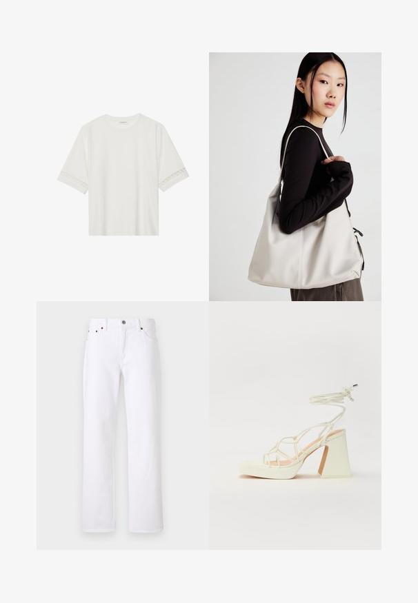 Bjela majica kratkih rukava od pamuka, s dekorativnom čipkastom obrubom duž rukava i okruglim izrezom.; Bijele traperice od denima ravnog kroja, s pet džepova i metalnim kopčanjem. Uključuju kontrastne bež šavove i vidljive šavove.; Bijela sandala na visokoj potpetici s debelim petom, s remenom i vezanjem oko gležnja. Glatka tekstura s platformom sprijeda za dodatnu visinu.; Bežna torba od mekog materijala s opuštenim dizajnom, šivanim detaljima i dva remena za rame. Pogodna za svakodnevnu upotrebu.