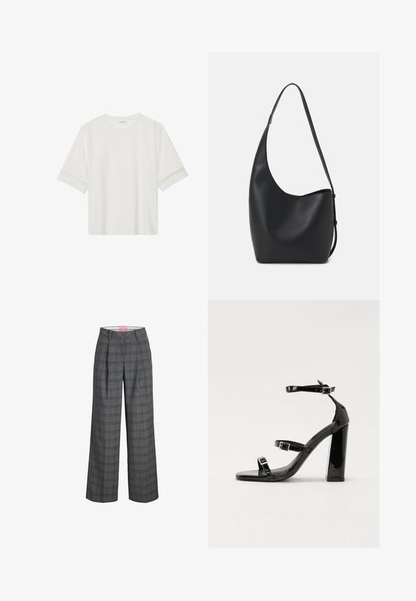 Balta īsām piedurknēm T-kreklu, izgatavotu no kokvilnas, ar dekoratīvu mežģīņu apdari ap piedurknēm un apaļu kakla izgriezumu.; Pelēku raibu plašu bikses ar augstu jostasvietu, kas iekļauj priekšējos krokas un gludu tekstūru. Etiķete redzama iekšējā jostasvietā.; Melnas lakotas augstpapēžu čības ar kvadrāta purngalu, potīšu siksniņām un sudraba sprādzēm. Aprīkotas ar masīvu bloku papēdi stabilitātei.; Melnas ādas hobo soma ar gludu tekstūru, izliekta forma un vienu regulējamu jostu; augšā ir plaša atvere.