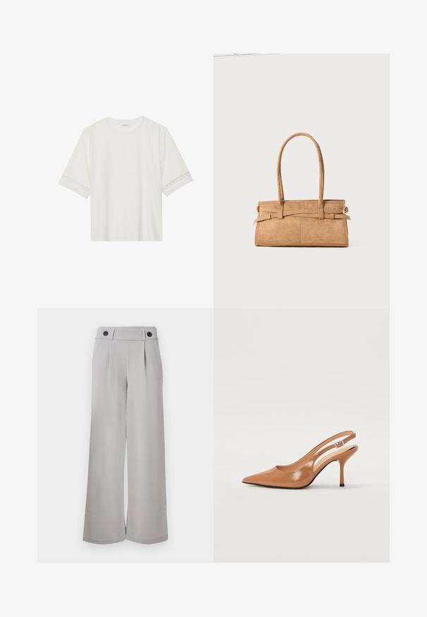 Hvit t-skjorte med kort erme laget av bomull, med dekorativ blondekant langs ermene og en rund halslinning.; Lys grå vide bukser laget av glatt stoff, med flat front, to folder og to svarte knapper i midjen.; Spiss tå slingback hæl i et glat, glinsende brunt materiale. Har et buet utskårent design og en slank stilett hæl. Sølvspenne detalj.; Brun semsket skinnhåndveske med to lange håndtak, rektangulær form og dekorativ søm. Har en side stropp og subtile gullhardware-detaljer.