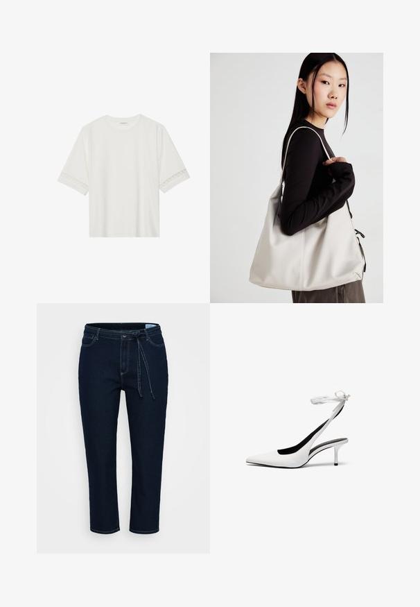T-shirt branco de manga curta feito de algodão, com bainha de renda decorativa nas mangas e decote redondo.; Calças de denim azul-escuro com um corte relaxado. Apresentam acabamentos cosidos, uma cintura com cordão e cinco bolsos. Textura suave e corte até ao tornozelo.; Sapatos de salto alto brancos com biqueira fina e tiras de calcanhar. Material de couro liso, salto agulha fino e forro interior preto.; Uma bolsa bege feita de material macio, com um design descontraído, detalhes de costura e duas alças para o ombro. Adequada para uso diário.