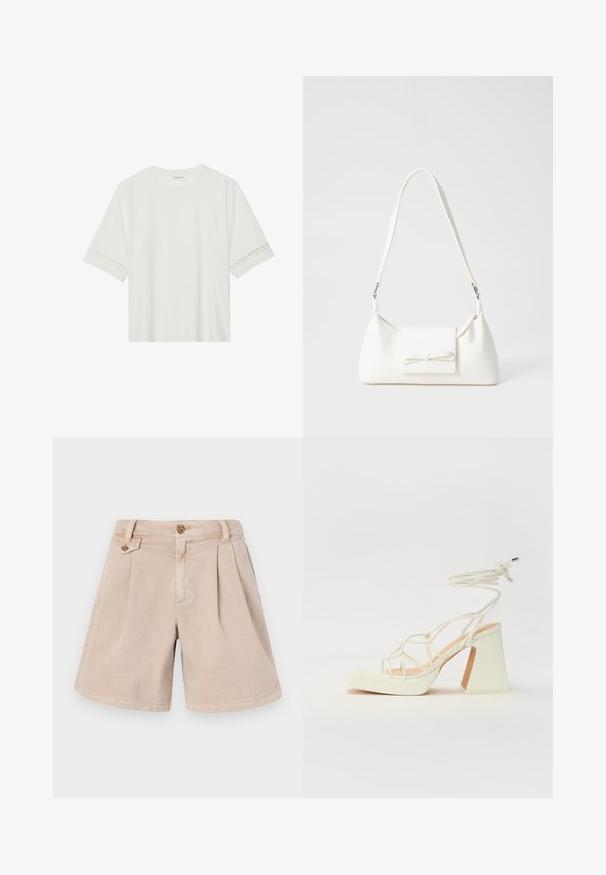 White short-sleeve t-shirt made from cotton, featuring decorative lace trim along the sleeves and a round neckline.; Beige cotton shorts with a pleated design, featuring two front pockets, a straight cut, and a single button closure at the waist.; White high-heeled sandal with a chunky heel, featuring a strappy design and ankle tie. Smooth texture with a platform front for added height.; White synthetic handbag with a triangular shape, flat front flap and bow detail, adjustable strap, smooth texture, and minimalistic design.
