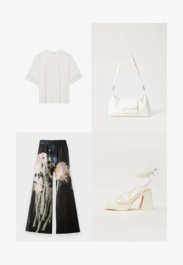 Hvid kortærmet t-shirt lavet af bomuld, med dekorativ blondekant langs ærmerne og en rund halsudskæring.; Breddebukser i sort stof med et akvarel blomstermønster i pink, blå og grønne nuancer; elastisk talje for komfort.; Hvide højhælede sandaler med en kraftig hæl, der har et stropdesign og ankelbinding. Glat tekstur med en platform foran for ekstra højde.; Hvid syntetisk håndtaske med en trekantet form, flad forsideklap og sløjfedetalje, justerbar strop, glat tekstur og minimalistisk design.
