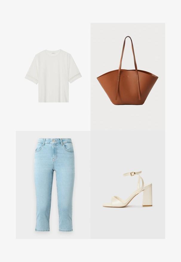 Biele tričko s krátkym rukávom vyrobené z bavlny, s dekoratívnym čipkovým lemovaním pozdĺž rukávov a okrúhlym výstrihom.; Svetlomodré džíny z denimu s vysokým pásom, skrátenou dĺžkou, piatimi vreckami a prešitím pozdĺž švov a lemu.; Krémové sandále na podpätku s otvorenou špičkou, hrubým blokovým podpätkom, tenkým pásikom okolo členka a jemným leskom. Pracka ako akcent na pásiku.; Hnedá kožená taška na rameno s širokým, štruktúrovaným tvarom, tenkými popruhmi a textúrovaným povrchom. Displej minimalistického dizajnu bez viditeľného hardvéru.