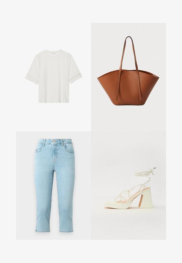 Biele tričko s krátkym rukávom vyrobené z bavlny, s dekoratívnym čipkovým lemovaním pozdĺž rukávov a okrúhlym výstrihom.; Svetlomodré džíny z denimu s vysokým pásom, skrátenou dĺžkou, piatimi vreckami a prešitím pozdĺž švov a lemu.; Biele sandále na vysokom opätku s hrubým podpätkom, s pruhovaným dizajnom a viazaním na členku. Hladký povrch s platformou vpredu pre zvýšenú výšku.; Hnedá kožená taška na rameno s širokým, štruktúrovaným tvarom, tenkými popruhmi a textúrovaným povrchom. Displej minimalistického dizajnu bez viditeľného hardvéru.