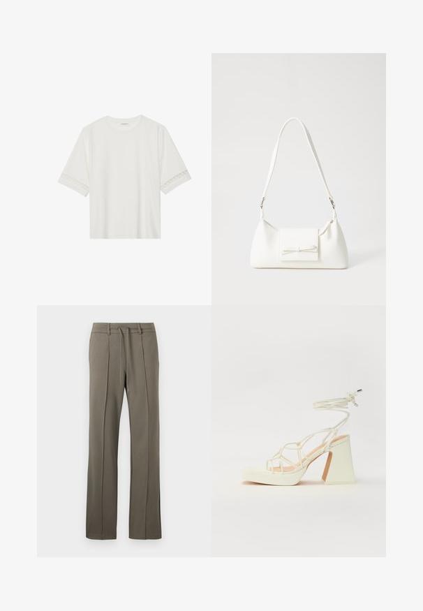 Bela kratka majica s kratkimi rokavi iz bombaža, okrašena z dekorativnim čipkastim robom ob rokavih in okroglo izrezom.; Khaki hlače s ravnim krojem, vrvico za prileganje in dvema sprednjima naborkoma. Narejene iz mehke, teksturirane tkanine.; Bela sandala na visokih petah s debelim petam, ki ima obliko trakcev in vezanje okoli gležnja. Gladka tekstura z platformo spredaj za dodatno višino.; Bela sintetična torbica v obliki trikotnika, z ravnim sprednjim poklopcem in detajlom mašne, nastavljivim trakom, gladko teksturo in minimalističnim dizajnom.