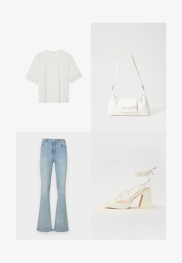 Valge lühikese varrukaga T-särk, mis on valmistatud puuvillast, kaunistatud pitsiga varrukate ääres ja ümmarguse kaelusega.; Heledad sinine flare-jope, mis on valmistatud denimist, sisaldab kõrget vööd, standardset viie tasku disaini ning puhtaid äärt. Sile tekstuur, minimaalne detailide hulk.; Valged kõrge kontsaga sandaalid, millel on paks konts ja rihmadega disain koos pahkluu sidumisega. Sile tekstuur ja platvorm ees, et lisada kõrgust.; Valge sünteetilisest materjalist kott kolmnurkse kujuga, lame esiklapiga ja kaaredetailiga, reguleeritava rihmaga, sileda tekstuuriga ja minimalistliku disainiga.