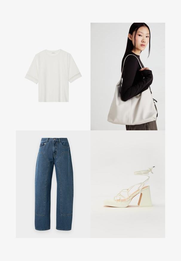 Balta trumpomis rankovėmis marškinėliai, pagaminti iš medvilnės, su dekoratyviais nėriniais aplink rankoves ir apvaliu kaklu.; Mėlynos džinsinės kelnės su plačiomis kojomis, didelėmis priekinėmis kišenėmis, mygtukų užsegimu ir diržo kilpomis.; Balti aukštakulniai sandalai su masyviu kulnu, su dirželių dizainu ir kulkšnies raiščiu. Lygi tekstūra su platforma priekyje, suteikianti papildomą aukštį.; Bežinė rankinė, pagaminta iš minkštos medžiagos, turinti laisvą dizainą, siuvinėtas detalės ir dvi petnešos. Tinkama kasdieniam naudojimui.