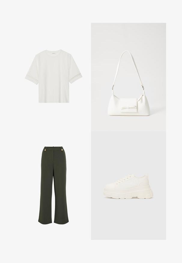 Weißes T-Shirt mit kurzen Ärmeln aus Baumwolle, mit dekorativem Spitzenbesatz entlang der Ärmel und einem runden Ausschnitt.; Olivegrüne weit geschnittene Hosen aus einem glatten Stoff, mit zwei goldfarbenen Knöpfen am Bund und einer klaren, taillierten Silhouette.; Weiße Leinensneaker mit einer massiven Sohle, abgerundeter Spitze und fünf Ösen für Schnürsenkel. Hinterer Tab für ein einfaches Anziehen. Glatte Textur, minimalistisches Design.; Weiße synthetische Handtasche in dreieckiger Form, flache Vorderklappe und Schleifendetail, verstellbarer Trageriemen, glatte Textur und minimalistisches Design.