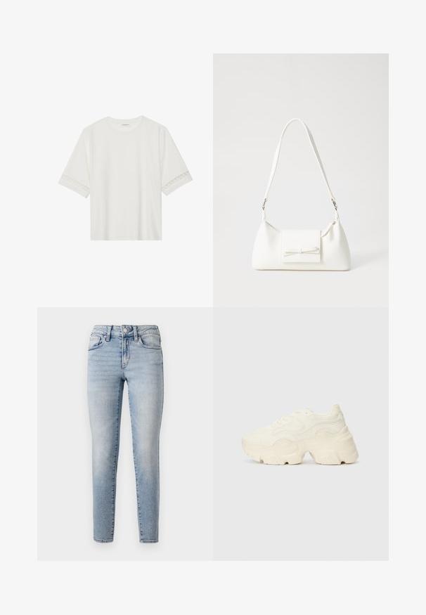 Valge lühikese varrukaga T-särk, mis on valmistatud puuvillast, kaunistatud pitsiga varrukate ääres ja ümmarguse kaelusega.; Heledad sinine denimist pükste säilinud slim fit, viie tasku disain, esine nupukinnitus ja õrn fade ning toolide ääres.; Paksud valged tennised, mis on valmistatud tekstureeritud võrgu- ja sünteetilistest materjalidest, pakuvad paksu tallaga ja keerukat mustrit külgedel.; Valge sünteetilisest materjalist kott kolmnurkse kujuga, lame esiklapiga ja kaaredetailiga, reguleeritava rihmaga, sileda tekstuuriga ja minimalistliku disainiga.