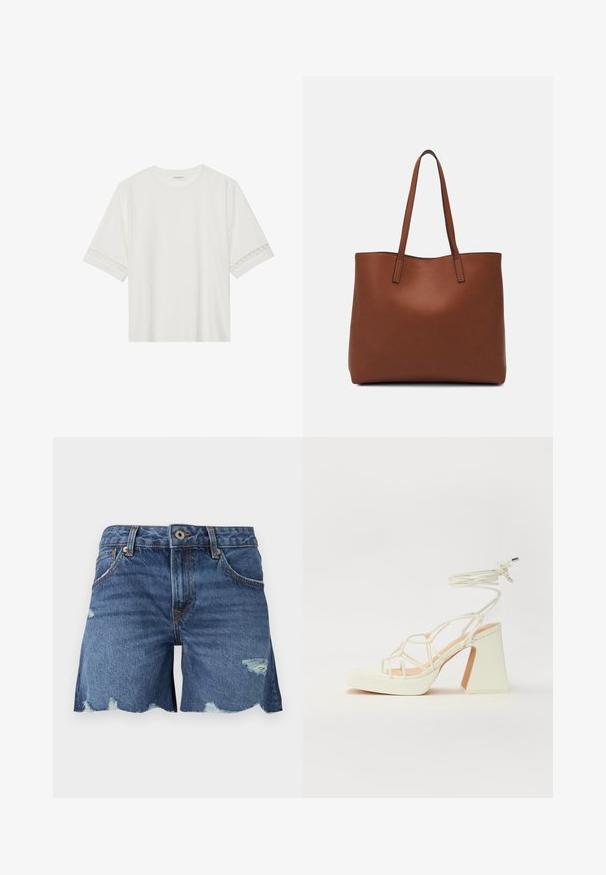 T-shirt branco de manga curta feito de algodão, com bainha de renda decorativa nas mangas e decote redondo.; Calções de ganga em azul médio com barra desfiada, detalhes desgastados, cinco bolsos e passantes para cinto; fecho frontal com um botão de metal.; Sandálias brancas de salto alto com um salto robusto, apresentando um design com tiras e amarração no tornozelo. Textura suave com uma plataforma na frente para altura adicional.; Bolsa tote de couro castanho com uma textura suave, design de abertura superior e duas alças para o ombro. Apresenta costura mínima e sem hardware visível.