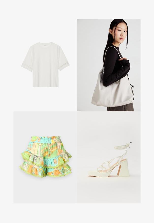 Weißes T-Shirt mit kurzen Ärmeln aus Baumwolle, mit dekorativem Spitzenbesatz entlang der Ärmel und einem runden Ausschnitt.; Farbige, gestufte Shorts mit einem elastischen Bund, verziert mit Mustern in Grün, Orange und Blau, gesäumt mit gewellten Kanten.; Weiße High-Heel-Sandale mit einem klobigen Absatz, die über ein Riemchendesign und ein Knöchelband verfügt. Glatte Textur mit einer Plattform vorne für zusätzliche Höhe.; Beige Handtasche aus weichem Material, mit einem lässigen Design, gesteppten Details und zwei Schulterriemen. Geeignet für den täglichen Gebrauch.
