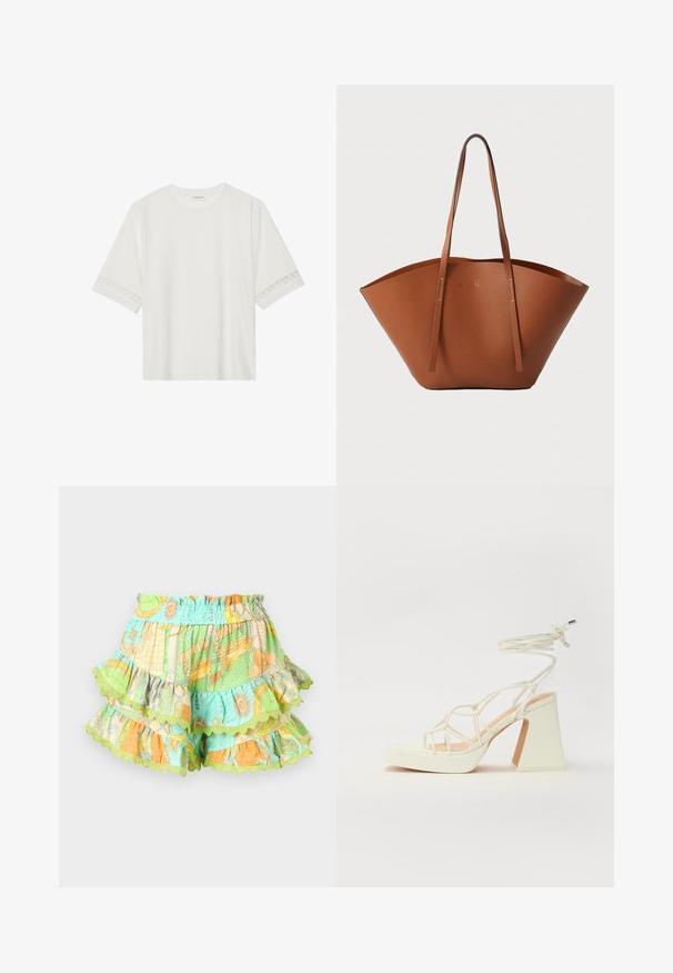 Valge lühikese varrukaga T-särk, mis on valmistatud puuvillast, kaunistatud pitsiga varrukate ääres ja ümmarguse kaelusega.; Erinevad kihilised lühikesed püksid elastse vöökoha ja roheliste, oranžide ning siniste mustritega, ääristatud laineliste servadega.; Valged kõrge kontsaga sandaalid, millel on paks konts ja rihmadega disain koos pahkluu sidumisega. Sile tekstuur ja platvorm ees, et lisada kõrgust.; Pruunist nahast kott, millel on lai ja struktureeritud kuju, õhukesed sangad ja tekstureeritud viimistlus. Omab minimalistlikku disaini, kus ei ole nähtavat riistvara.