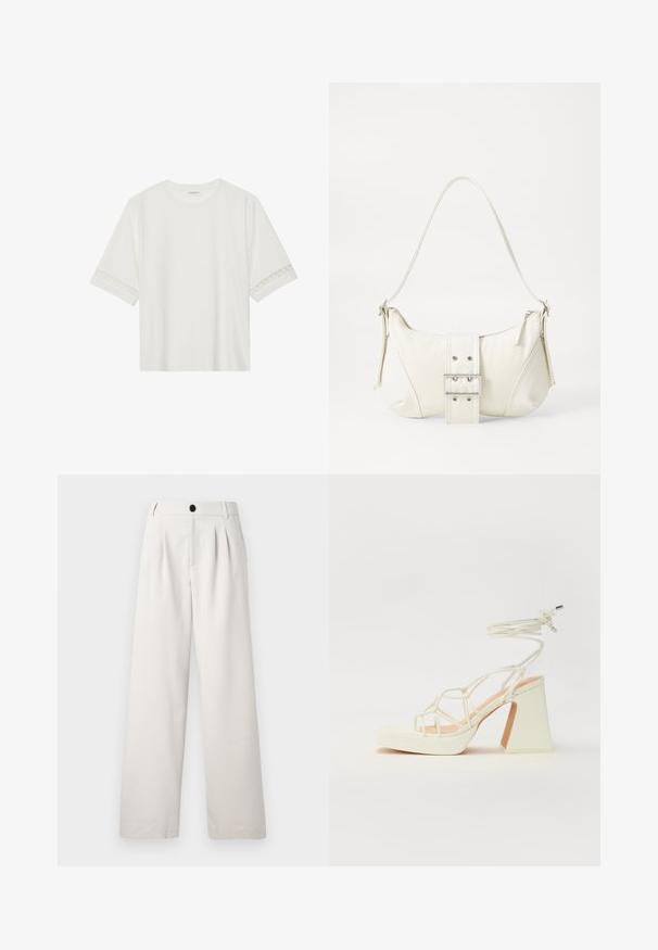 Weißes T-Shirt mit kurzen Ärmeln aus Baumwolle, mit dekorativem Spitzenbesatz entlang der Ärmel und einem runden Ausschnitt.; Beige, weite Hosen aus glattem Stoff, mit Vorderfalten, einem Knopfverschluss und praktischen seitlichen Taschen.; Weiße High-Heel-Sandale mit einem klobigen Absatz, die über ein Riemchendesign und ein Knöchelband verfügt. Glatte Textur mit einer Plattform vorne für zusätzliche Höhe.; Weiße Schultertasche mit texturierter Oberfläche, zentralem Schnallenakzent und geschwungener Form. Reißverschluss an beiden Seiten.