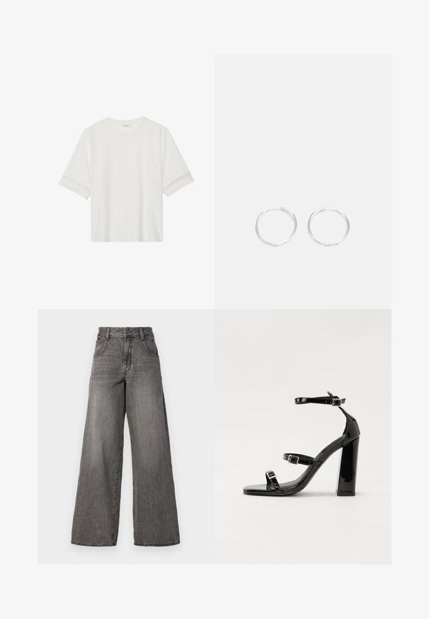 Λευκό κοντομάνικο μπλουζάκι φτιαγμένο από βαμβάκι, με διακοσμητική δαντέλα κατά μήκος των μανικιών και στρογγυλή λαιμόκοψη.; Γκρι φαρδιά τζιν παντελόνια από ντένιμ, με ψηλή μέση, πέντε τσέπες και ήπια φθορά. Το ύφασμα έχει μαλακή, υφασμάτινη υφή.; Μαύρες πατέντες σανδάλια με τακούνι, τετράγωνη μύτη, ιμάντες αστραγάλου και ασημένιες πόρπες. Διαθέτουν χοντρό μπλοκ τακούνι για σταθερότητα.; Ασημένια σκουλαρίκια κρίκοι με κομψό, στρογγυλό σχέδιο, που διαθέτουν λεία επιφάνεια και χωρίς ορατά διακοσμητικά στοιχεία. Η διάμετρος δεν αναφέρεται.