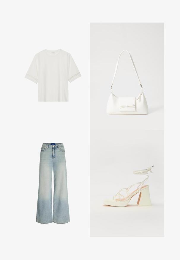 Bela kratka majica s kratkimi rokavi iz bombaža, okrašena z dekorativnim čipkastim robom ob rokavih in okroglo izrezom.; Široke traperice iz svetlo modrega džinsa, z visokim pasom, petimi žepi in subtilnim bledenjem v teksturi tkanine.; Bela sandala na visokih petah s debelim petam, ki ima obliko trakcev in vezanje okoli gležnja. Gladka tekstura z platformo spredaj za dodatno višino.; Bela sintetična torbica v obliki trikotnika, z ravnim sprednjim poklopcem in detajlom mašne, nastavljivim trakom, gladko teksturo in minimalističnim dizajnom.