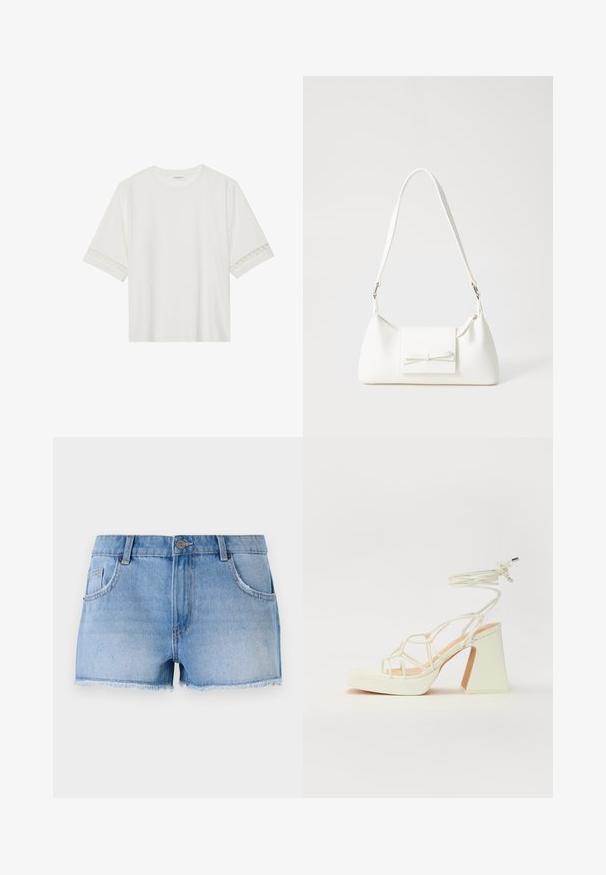 Balta trumpomis rankovėmis marškinėliai, pagaminti iš medvilnės, su dekoratyviais nėriniais aplink rankoves ir apvaliu kaklu.; Šviesiai mėlyni džinsiniai šortai su suplėšytu kraštu, penkių kišenių dizainu ir metaliniu mygtuko užsegimu juosmens srityje.; Balti aukštakulniai sandalai su masyviu kulnu, su dirželių dizainu ir kulkšnies raiščiu. Lygi tekstūra su platforma priekyje, suteikianti papildomą aukštį.; Balta sintetinė rankinė trikampio formos, plokščiu priekiu su užsegimu, kaspino detale, reguliuojama dirželiu, lygia tekstūra ir minimalistišku dizainu.