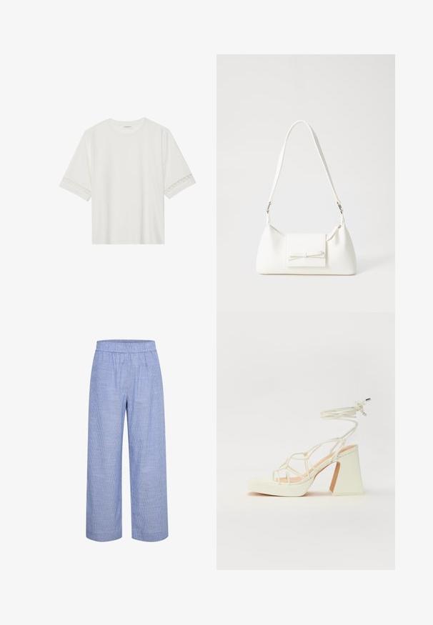 Valge lühikese varrukaga T-särk, mis on valmistatud puuvillast, kaunistatud pitsiga varrukate ääres ja ümmarguse kaelusega.; Heledad helesiniste värvi triibulised laiad püksid elastse vöökohtaga. Valmistatud hingavast materjalist, millel on sujuv ja pehme tekstuur ning lõdva lõikega.; Valged kõrge kontsaga sandaalid, millel on paks konts ja rihmadega disain koos pahkluu sidumisega. Sile tekstuur ja platvorm ees, et lisada kõrgust.; Valge sünteetilisest materjalist kott kolmnurkse kujuga, lame esiklapiga ja kaaredetailiga, reguleeritava rihmaga, sileda tekstuuriga ja minimalistliku disainiga.