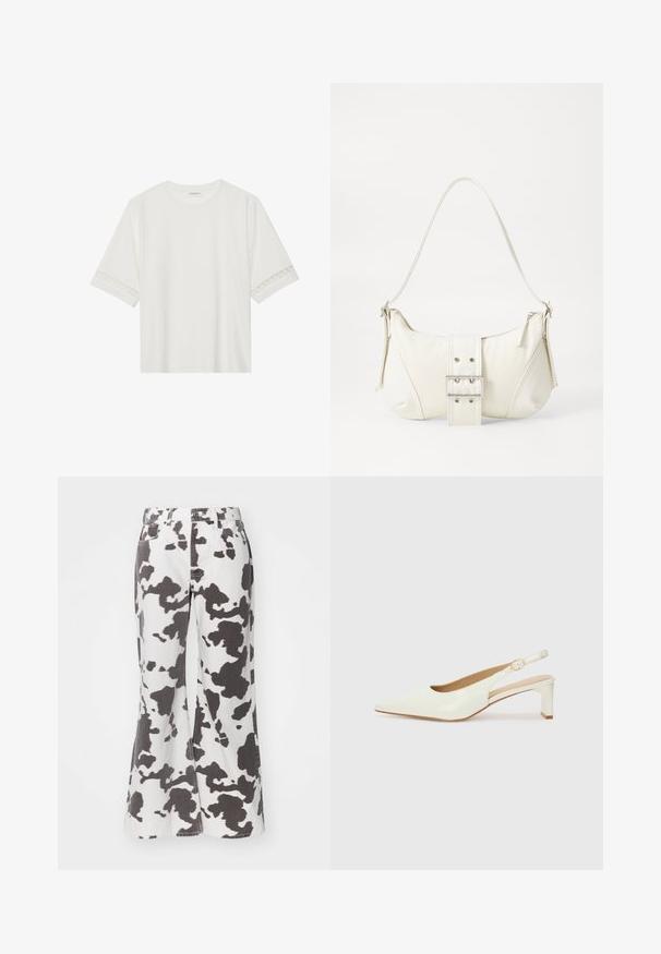 Valkoinen lyhythihainen t-paita, joka on valmistettu puuvillasta ja jossa on koristeellinen pitsireunus hihojen ympärillä sekä pyöreä pääntie.; Valkoiset levenevät farkut mustalla lehmänläiskämallilla. Sisältää viisi taskua, vyölenkit ja etupainonapin kiinnityksen. Pintakuviointi vaikuttaa tukevan näköiseltä.; Valkoinen patenttilahja slingback-kengä, jossa on terävä kärki ja matala lohkokorko. Varustettu huomaamattomalla hihnalla, jossa on kultasävyinen solkiyksityiskohta.; Valkoinen olkalaukku, jossa on teksturoitu pinta, keskeinen solkiyksityiskohta ja kaareva muoto. Vetoketjusulkimet kummallakin puolella.