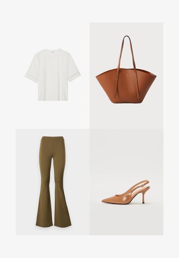 White short-sleeve t-shirt made from cotton, featuring decorative lace trim along the sleeves and a round neckline.; High-waisted flared pants in olive green. Made from stretch fabric, featuring a smooth texture and a wide bell bottom from knee downward.; Pointed toe slingback heel in a smooth, glossy tan material. Features a curved cutout design and a slender stiletto heel. Silver buckle detail.; Brown leather tote bag with a wide, structured shape, thin handles, and a textured finish. Features minimalistic design with no visible hardware.