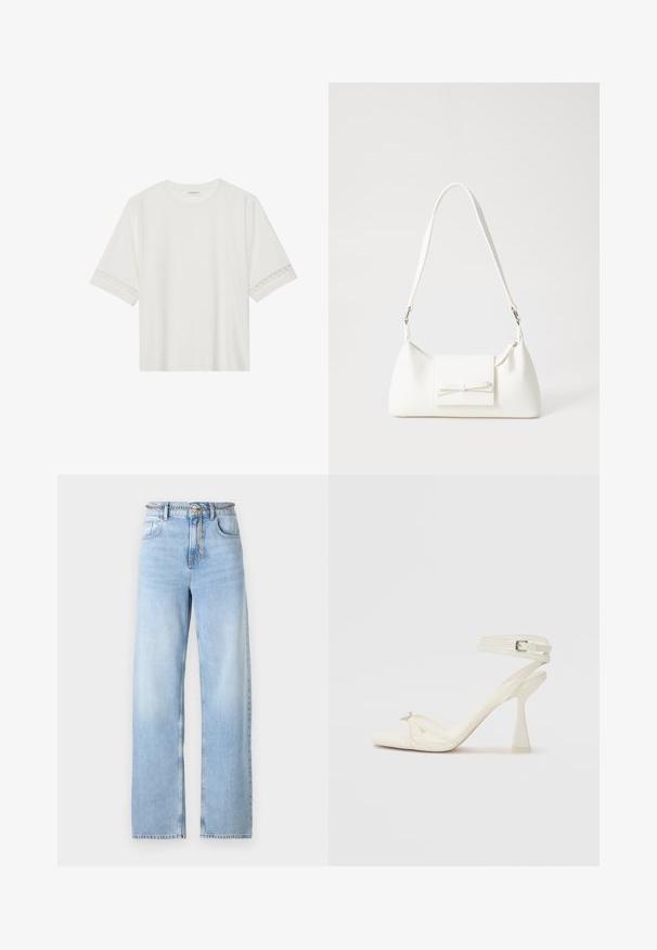 Balta trumpomis rankovėmis marškinėliai, pagaminti iš medvilnės, su dekoratyviais nėriniais aplink rankoves ir apvaliu kaklu.; Šviesiai mėlynos plačios kojų džinsai, pagaminti iš denimo, su aukštu liemeniu, priekinėmis kišenėmis ir grandinėlės diržu. Lygus paviršius su lengvu išblukimu.; Baltos odinės aukštakulnės sandalai su dirželiais, elegantiško dizaino, skaidriu blokiniu kulnu ir dekoratyviu elementu ant piršto.; Balta sintetinė rankinė trikampio formos, plokščiu priekiu su užsegimu, kaspino detale, reguliuojama dirželiu, lygia tekstūra ir minimalistišku dizainu.