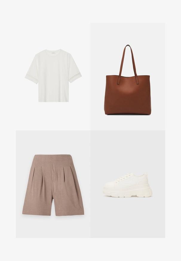 Witte korte mouwen t-shirt van katoen, met een decoratieve kantafwerking langs de mouwen en een ronde halslijn.; Bruine plooishorts gemaakt van een lichtgewicht materiaal, met een gladde textuur en een pasvorm op maat, en een schoon, minimalistisch ontwerp.; Witte canvas sneaker met een stevige zool, ronde neus en vijf gaatjes voor veters. Achterste tab voor gemakkelijk aan- en uittrekken. Vloeibare textuur, minimalistisch ontwerp.; Bruine leren tote bag met een gladde textuur, een ontwerp met een open bovenkant en twee schouderbanden. Kenmerkt zich door minimale stiksels en geen zichtbare hardware.