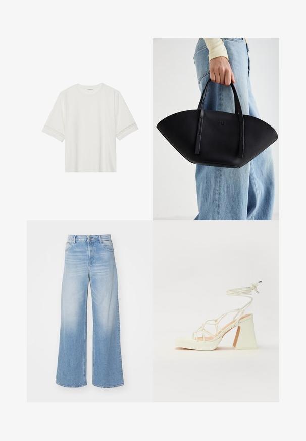 Valkoinen lyhythihainen t-paita, joka on valmistettu puuvillasta ja jossa on koristeellinen pitsireunus hihojen ympärillä sekä pyöreä pääntie.; Vaaleansiniset leveälahkeiset farkut, joissa on korkea vyötärö, napitus ja etutaskut, joissa on huomaamatonta kulumista. Suora helma.; Valkoinen korkokenkä, jossa on paksu korko, ja joka sisältää nauhakiinnityksen ja nilkkaketjun. Sujuva pinta, jossa on platform-etupohja lisäkorkeutta varten.; Musta nahkainen käsilaukku, jossa on ainutlaatuinen tuulihattukuvio, jossa on litteät kahvat. Pinnassa on karkeapintainen rakenne ja minimalistinen muotoilu.