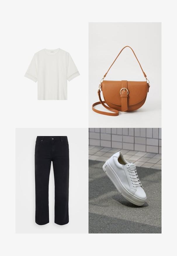 White short-sleeve t-shirt made from cotton, featuring decorative lace trim along the sleeves and a round neckline.; Black denim jeans with a straight leg design. Features include a button waist closure, belt loops, and front/back pockets. Smooth texture.; White leather sneaker with a low-top design, flat laces, rounded toe, and textured sides. Thick rubber sole with subtle accents.; Brown leather crossbody bag with a curved shape, gold hardware, and a buckle accent. Features a detachable shoulder strap.