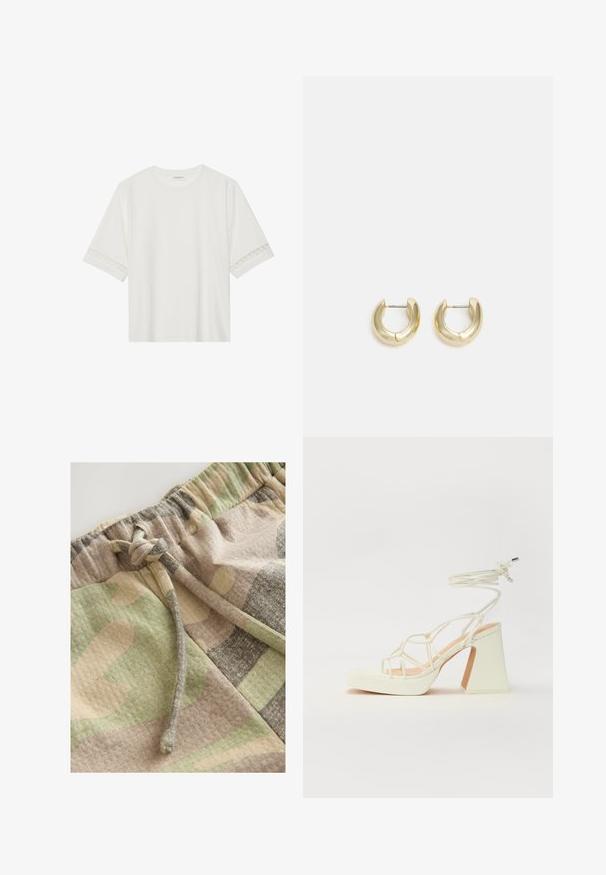 Biele tričko s krátkym rukávom vyrobené z bavlny, s dekoratívnym čipkovým lemovaním pozdĺž rukávov a okrúhlym výstrihom.; Šortky s kamuflážovým vzorom v odtieňoch zelenej, béžovej a šedej. Majú elastický pás a šnúrku na stiahnutie pre nastaviteľné prispôsobenie.; Biele sandále na vysokom opätku s hrubým podpätkom, s pruhovaným dizajnom a viazaním na členku. Hladký povrch s platformou vpredu pre zvýšenú výšku.; Zlaté kruhové náušnice s hladkým, lesklým povrchom. S polkruhovým tvarom a bezpečným zapínaním na kolík.
