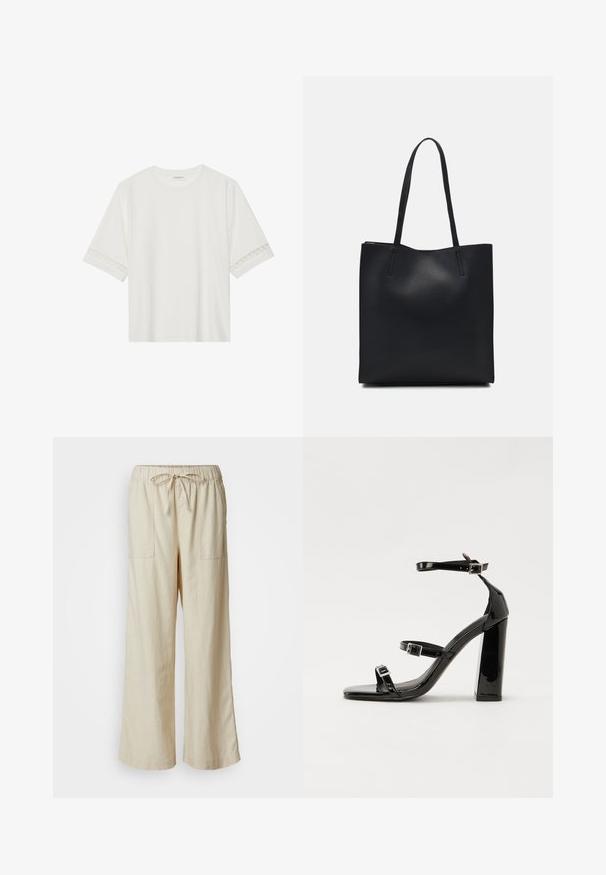 Bela kratka majica s kratkimi rokavi iz bombaža, okrašena z dekorativnim čipkastim robom ob rokavih in okroglo izrezom.; Bež široke hlače iz lana z elastičnim pasom in vrvico, ki imajo dva sprednja žepa in mehak, teksturiran finis.; Črne lakirane sandale s peto, kvadratnim prstom, trakovi okrog gležnja in srebrnimi zaponkami. Opremljene so s stabilno Debelo peto.; Črna usnjena torba s svilnato teksturo, pravokotne oblike in dvema dolgima ročajema. Brez vidnih metalnih delov ali okrasnih elementov.